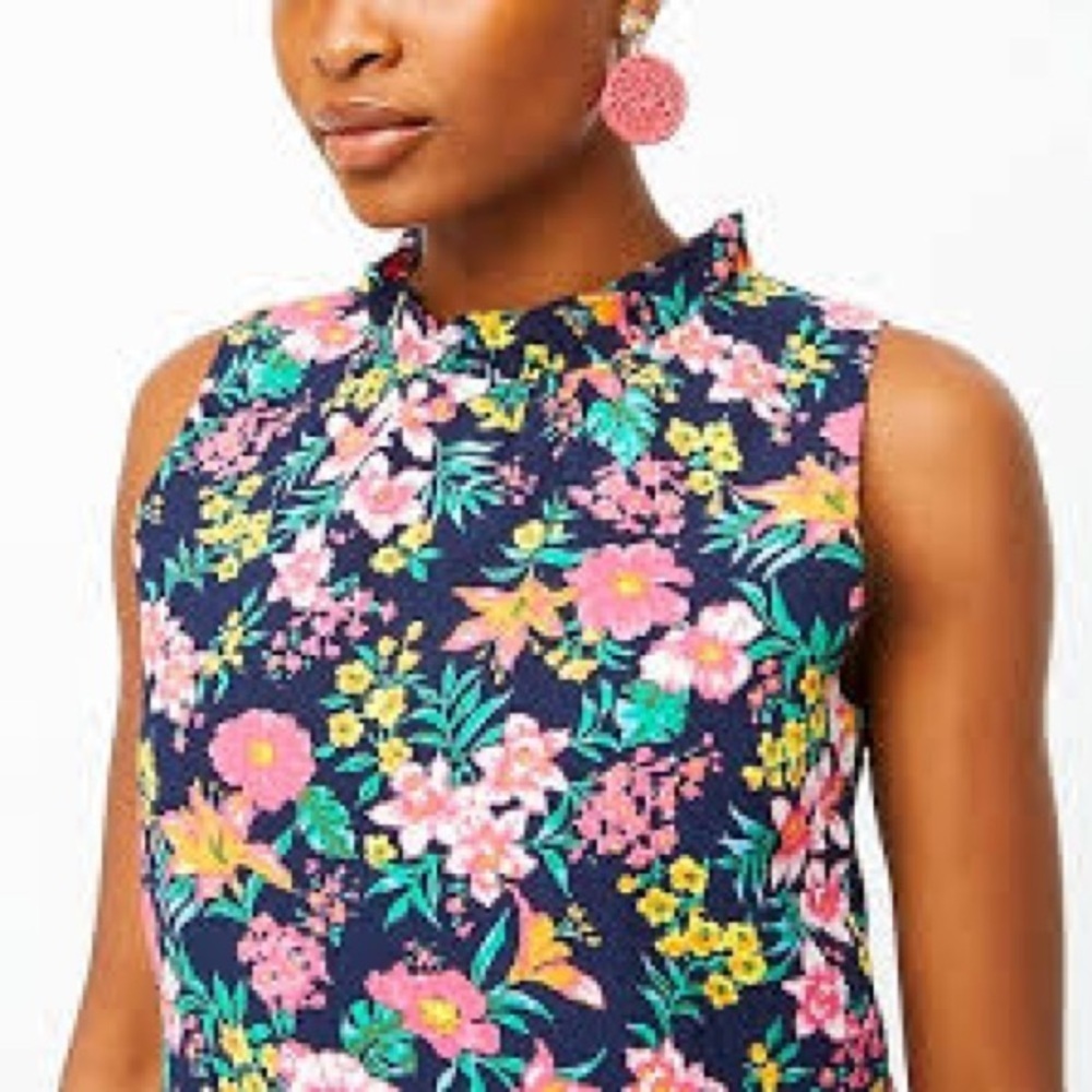 J.Crew Sleeveless Floral Ruffle Neck Blouse Navy Multicolor Size Small